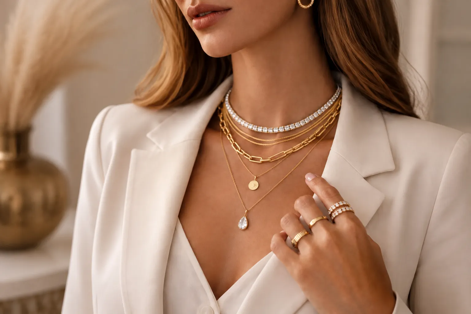 Elegant layered gold jewelry paired with a white blazer, featuring a sparkling pearl necklace for a sophisticated, timeless look.