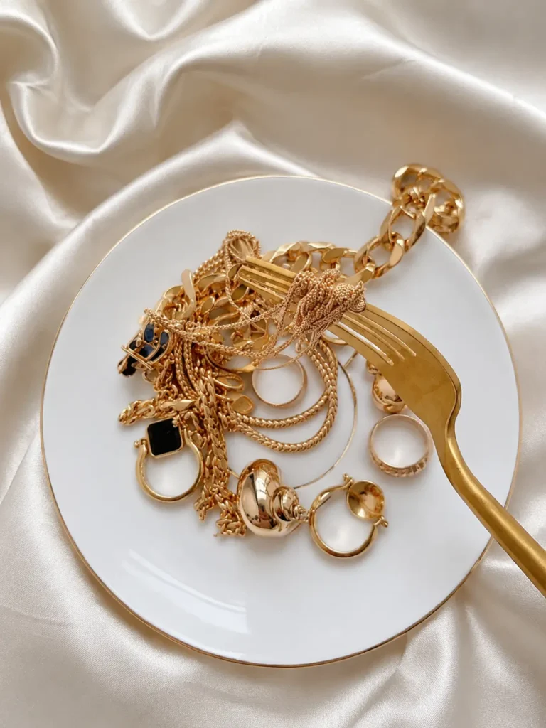 A beautiful collection of gold accessories arranged on satin, showcasing unique jewellery designs with a luxurious and elegant appeal.